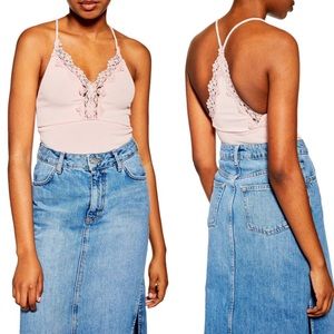 Topshop Lace Trim Strappy Rib Bodysuit
